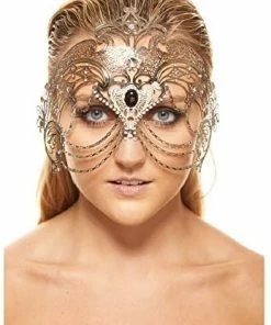 Kayso International Inc. Masquerade Masks Laser Cut Metal Mask With Clear Rhinestones/Chains In 3 Colors
