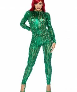 Leg Avenue Bodysuits Green Laser Cut Metallic Catsuit.