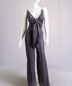 Lets Go Apparel Halter Neck Glitter Wide Leg Jumpsuit In Purple Decades