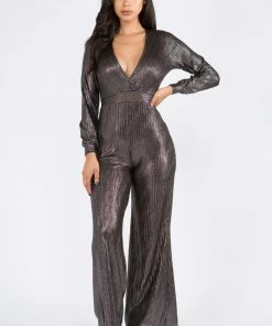 Lets Go Apparel Decades Wide Leg Jumpsuit Metallic